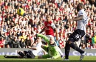 Arsenal's Theo Walcott scores his first goal against Tottenham Hotspur in their 5-2 win in th eNorth London Derby.