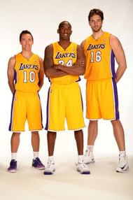 Steve Nash #10, Kobe Bryant #24 and Pau Gasol #16 of the Los Angeles Lakers pose for a picture during media day at Toyota Sports Center on September 28, 2013 in El Segundo, California. (Getty Images)