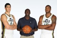 (from left) Enes Kanter #0, Tyrone Corbin Head Coach and Derrick Favors #15 of the Utah Jazz pose for a photo during 2013 Media Day at Zions Basketball Center on September 30, 2013 in Salt Lake City, Utah. (Getty Images)