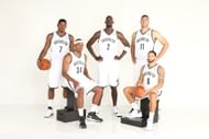 Joe Johnson #7, Paul Pierce #34, Kevin Garnett #2, Brook Lopez #11, and Deron Williams #8 of the Brooklyn Nets pose for a portrait during Media Day at the Barclays Center in Brooklyn, NY. (Getty Images)