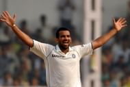 Indian cricketer Zaheer Khan celebrates
