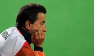 Indian hockey coach Jose Brasa looks on