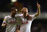 Christian Eriksen (R) celebrates scoring with Kyle Naughton (L) during the UEFA Europa League Group K match between Tottenham Hotspur FC and Tromso IL at White Hart Lane on September 19, 2013 in London, England. (Getty Images)