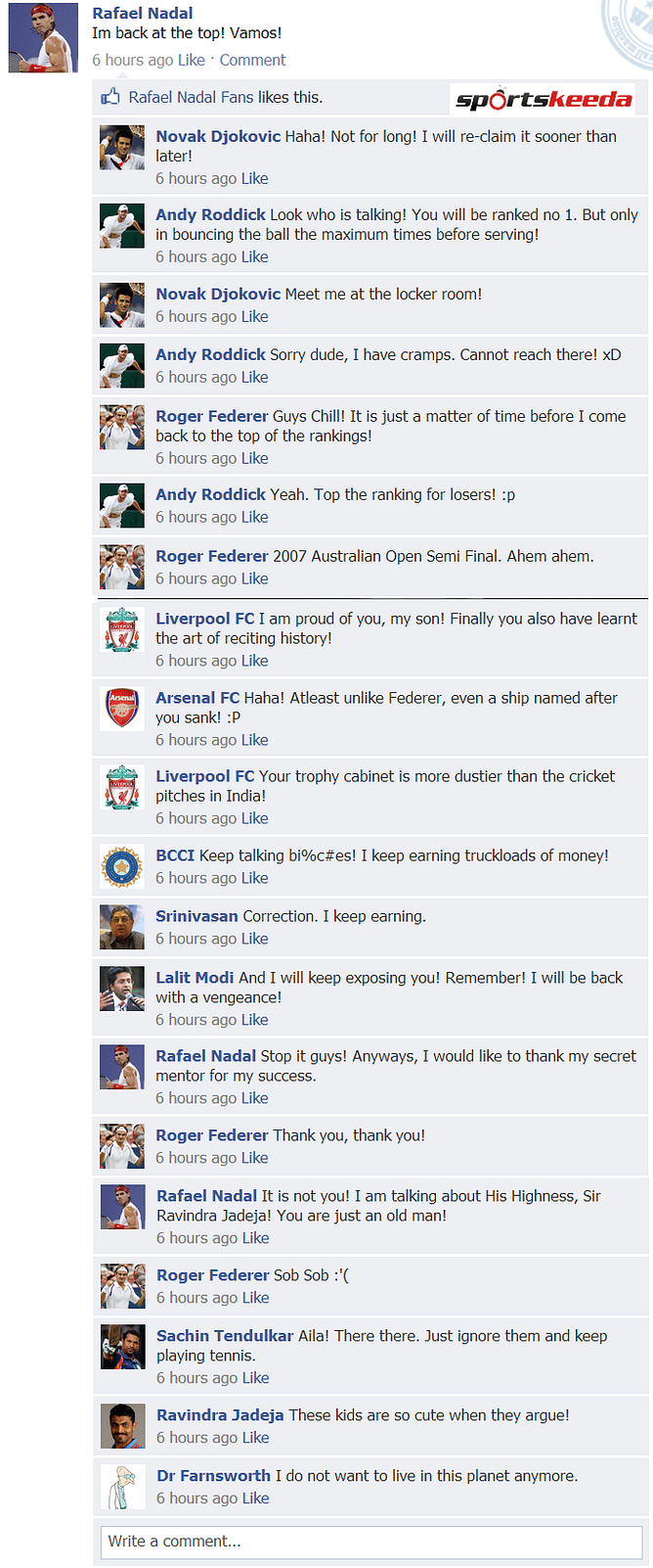 Fake FB Wall: Rafael Nadal celebrates his top rank on Facebook