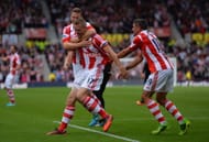Ryan Shawcross celebrates scoring with Robert Huth and Jonathan Walters during the Barclays Premier League match between Stoke City and Crystal Palace at Britannia Stadium on August 24, 2013 in Stoke on Trent, England. (Getty Images)