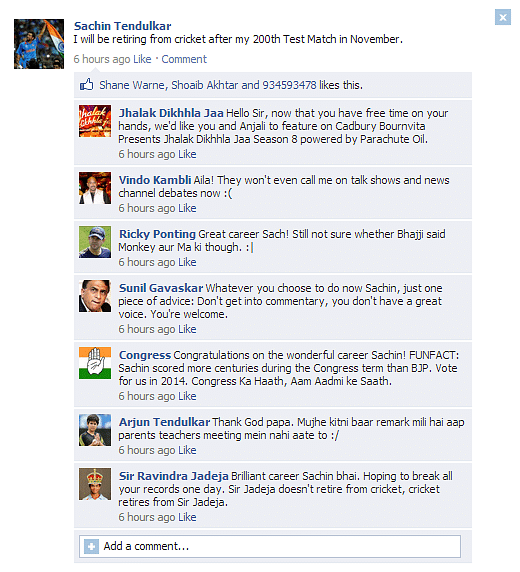Fake FB Wall: Sachin Tendulkar's FB wall after announcing retirement