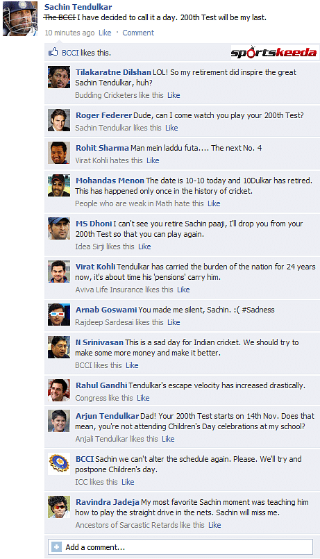 Fake FB Wall: Cricketers react to Sachin's retirement on Facebook