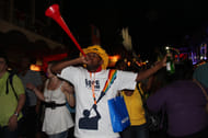 A fan blows a vuvuzela before the FIFA World Cup final.