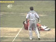 Video: Bowler slips twice in two balls