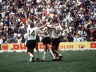 1970 World Cup Semi-Final, Mexico City, Mexico, 17th June, 1970, Italy 4 v West Germany 3, West German players mob team Grabowski after he scored a goal during the match, However celebrations were short-lived as the goal was disallowed