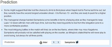 Inter vs Sampdoria - Statistical Preview