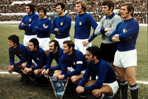 Back row, l-r, Chinaglia, Rivera, Spinosi, Morini, Zoff and Benetti, Front row, l-r, Capello, Chiarugi, Mazzola, Fachetti, Wilson, Italy were the runners-up in the 1970 World Cup in Mexico losing to Brazil in the Final