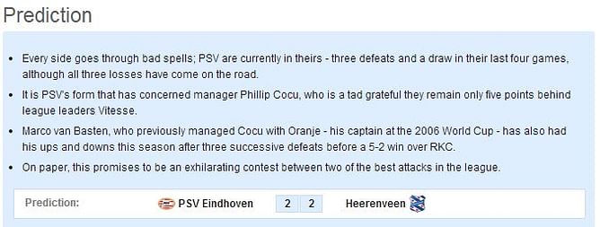 PSV Eindhoven-Heerenveen Statistical Preview