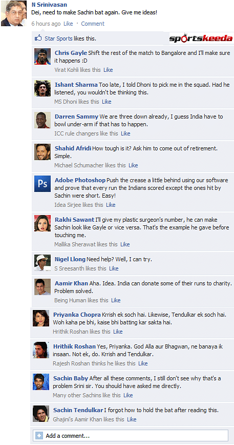 Fake FB Wall: Srinivasan tries to make Sachin bat again