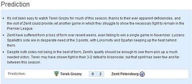 Terek Grozny vs Zenit Petersburg: Statistical Preview