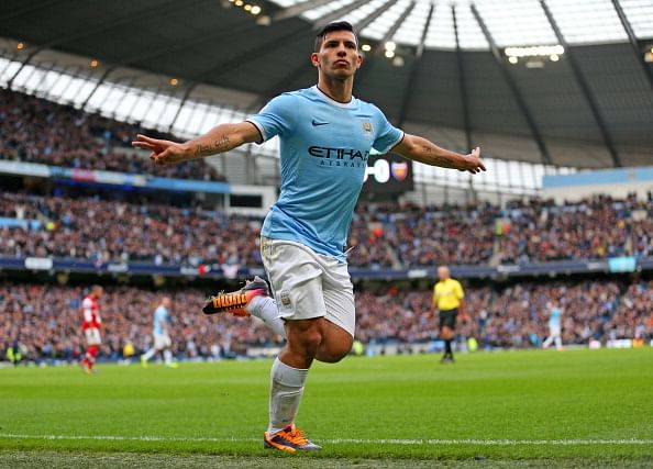 Sergio Aguero celebrates his goal to give Man City the lead.