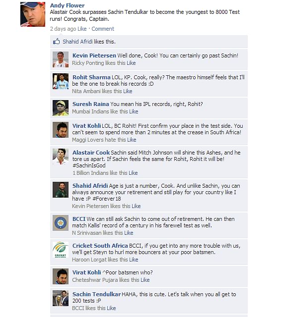 Fake FB Wall: Andy Flower congratulates Cook for breaking Sachin's record