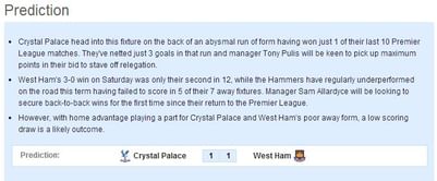 Crystal Palace vs West Ham - Statistical Preview