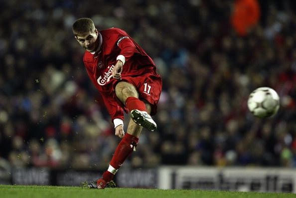 Steven Gerrard of Liverpool takes a free kick
