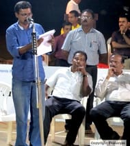 A member of the State Selection Committee announces the lists of probables while Kerala Basketball Associationâs (KBA) President Shri K Manoharan (seated far right) looks on. Copyright Ekalavyas