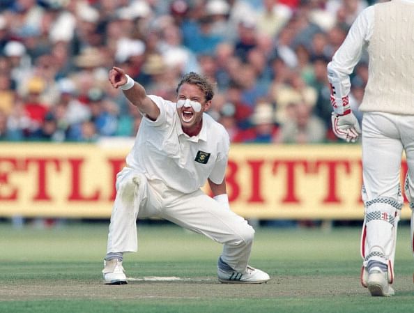 South African fast bowler Allan Donald in action during the 2nd Texaco Trophy match between England and South Africa, played at Old Trafford in Manchester, 27th August 1994. England won by 4 wickets. (Photo by David Munden/Popperfoto/Getty Images)