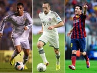 The 2013 FIFA Ballon D'Or finalists. (From left to right - Cristiano Ronaldo, Franck Ribery, Lionel Messi)