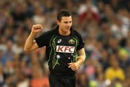 MELBOURNE, AUSTRALIA - JANUARY 31: Josh Hazelwood of Australia celebrates taking the wicket of Tim Bresnan of England during game two of the International Twenty20 series between Australia and England at Melbourne Cricket Ground on January 31, 2014 in Melbourne, Australia. (Photo by Robert Prezioso/Getty Images)