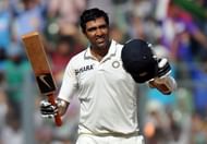Indian batsman Ravichandran Ashwin celebrates after scoring a century (100 runs) during the fourth day's play of the third Test cricket match between India and West Indies at The Wankhede Stadium in Mumbai on November 25, 2011. AFP PHOTO/Punit PARANJPE (Photo credit should read PUNIT PARANJPE/AFP/Getty Images)