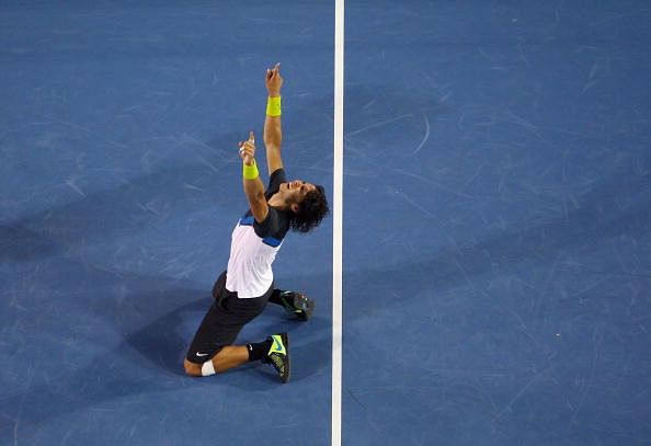 Rafael Nadal celebrating after his win over Fernando Verdasco in the 2009 Australian Open semifinal