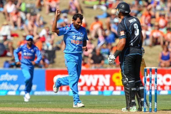 NAPIER, NEW ZEALAND - JANUARY 19: Mohammed Shami of India celebrates after taking the wicket of Ross Taylor of New Zealand during the first One Day International match between New Zealand and India at McLean Park on January 19, 2014 in Napier, New Zealand. (Photo by Hagen Hopkins/Getty Images)