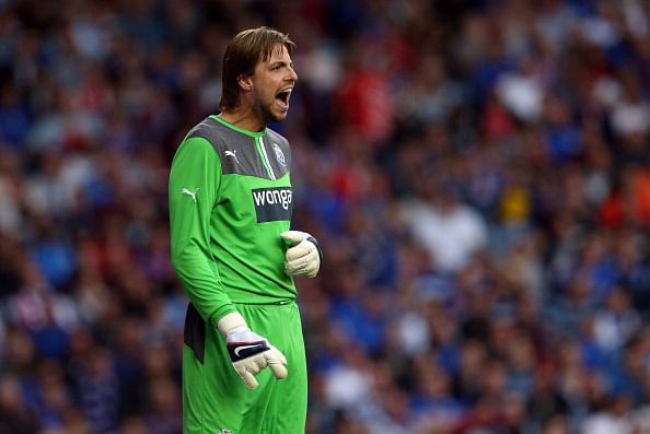 GLASGOW, SCOTLAND - AUGUST 06:  Tim Krul of Newcastle shout instructions during the Pre Season Friendly match between Rangers and Newcastle United at Ibrox Stadium on August 06, 2013 in Glasgow, Scotland. (Photo by Ian MacNicol/Getty Images)