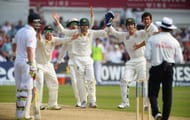 NOTTINGHAM, ENGLAND - JULY 12: (L-R) Phil Hughes, Michael Clarke, Ed Cowan, wicketkeeper Brad Haddin and Ashton Agar of Australia appeal unsuccessfully for the wicket of Stuart Broad of England during day three of the 1st Investec Ashes Test match between England and Australia at Trent Bridge Cricket Ground on July 12, 2013 in Nottingham, England. (Photo by Laurence Griffiths/Getty Images)