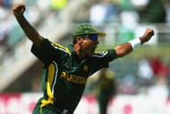 JOHANNESBURG - FEBRUARY 11: Waqar Younis of Pakistan celebrates the wicket of Adam Gilchrist of Australia during the ICC Cricket World Cup 2003 Pool A match between Australia and Pakistan held on February 11, 2003 at The Wanderers, in Johannesburg, South Africa. Australia won the match by 82 runs. (Photo by Mike Hewitt/Getty Images)