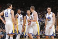 Andrew Bogut #12, Andre Iguodala #9, Stephen Curry #30, David Lee #10 and Klay Thompson #11