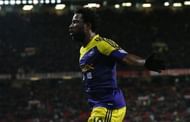 Wilfried Bony celebrates after scoring against Manchester United