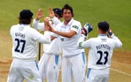 DERBY, ENGLAND - SEPTEMBER 13: Mark Footitt (C) of Derbyshire celebrates with team mates after taking the wicket of Durham's Will Smith (not pictured) during the LV County Championship match between Derbyshire and Durham at The County Ground on September 13, 2013 in Derby, England. (Photo by Paul Thomas/Getty Images)
