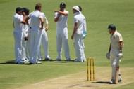 PERTH, AUSTRALIA - DECEMBER 14: Alastair Cook of England call for a third umpire review as Ryan Harris of Australia watches on during day two of the Third Ashes Test Match between Australia and England at WACA on December 14, 2013 in Perth, Australia. (Photo by Mark Kolbe/Getty Images)