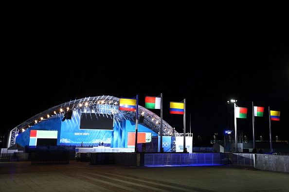 Flags stand in front of a stage ahead of the Sochi 2014 Winter Olympics at the Olympic Park, Sadly there isn&#039;t any Indian Flag
