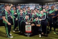 The Irish team celebrate on the stage after their victory over Afghanistan