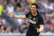 MELBOURNE, AUSTRALIA - JANUARY 31: Mitchell Starc of Australia celebrates taking the wicket of Luke Wright of England during game two of the International Twenty20 series between Australia and England at Melbourne Cricket Ground on January 31, 2014 in Melbourne, Australia. (Photo by Robert Prezioso/Getty Images)