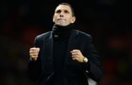 Sunderland's manager Gus Poyet celebrates after their penalty shootout win against Manchester United after their English League Cup semi-final second leg soccer match at Old Trafford