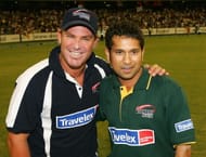 MELBOURNE, AUSTRALIA - JANUARY 10: Shane Warne of the Rest of the World XI with Sachin Tendulkar of the Asian XI after the World Cricket Tsunami Appeal One Day International between The Rest of the World XI and The Asian XI played at the Melbourne Cricket Ground on January 10, 2005 in Melbourne, Australia. (Photo by Hamish Blair/Getty Images)