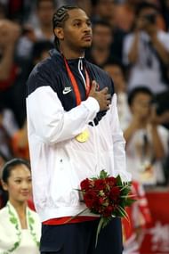 Carmelo Anthony #15 of the United States salutes at the 2008 Beijing Olympic Games