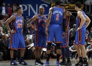 Chauncey Billups #4 of the New York Knicks talks to Toney Douglas #23, Amar'e Stoudemire #1 and Landry Fields #6 while playing the Cleveland Cavaliers on February 25, 2011