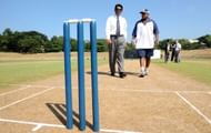 Sri Lankan Cricket Interim Committee Chairman D.S. de Silva (L) and former cricketer Aravinda de Silva (R) inspect the new pitch at the Pallekele Cricket Stadium in the central provincial district of Kandy on November 27, 2009. Sri Lanka expects the new stadium to be ready in time for the 2011 Cricket World Cup where two of the twelve games allocated to Sri Lanka are to be played. AFP PHOTO/ Lakruwan WANNIARACHCHI (Photo credit should read LAKRUWAN WANNIARACHCHI/AFP/Getty Images)