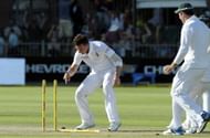 South Africa's cricketer Dale Steyn (C) reacts after Australia's cricketer Brad Haddin has been clean bowled during the second test match between South Africa and Australia at St George's Park, in Port Elizabeth on February 22, 201. AFP PHOTO / ALEXANDER JOE (Photo credit should read ALEXANDER JOE/AFP/Getty Images)