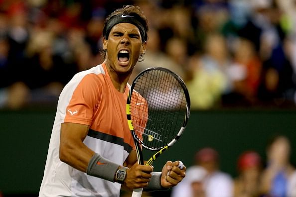 Rafael Nadal lets out a roar after his battling win against Radek Stepanek in Indian Wells.