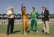 GROS ISLET, SAINT LUCIA - APRIL 25: Ricky Ponting of Australia tosses the coin watched by Graeme Smith of South Africa, commentator Barry Richards and match referee Jeff Crowe during the ICC Cricket World Cup Semi Final match between Australia and South Africa at the Beausejour Cricket Ground on April 25, 2007 in Gros Islet, Saint Lucia. (Photo by Hamish Blair/Getty Images)