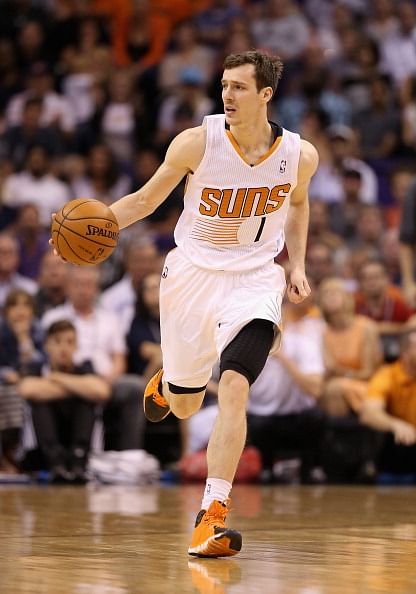 Goran Dragic #1 of the Phoenix Suns handles the ball during the NBA game against the Oklahoma City Thunder at US Airways Center on April 6, 2014 in Phoenix, Arizona.  The Suns defeated the Thunder 122-115. 