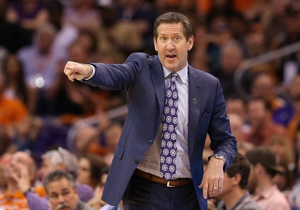 Head coach Jeff Hornacek of the Phoenix Suns directs his team during the NBA game against the Oklahoma City Thunder at US Airways Center on April 6, 2014 in Phoenix, Arizona.